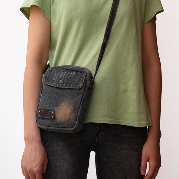 Blue Denim Small Side Bag Mens Denim Vertical Phone Messenger Bags Vintage Denim Mini Crossbody Bag For Women