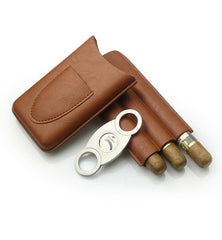 Top Brown Leather Mens 3pcs Cigar Case With Cutter Best Leather Cigar Case for Men
