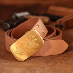 Handmade Leather Belts Minimalist Mens Brass Coffee Chinese Dragon Leather Belts for Men
