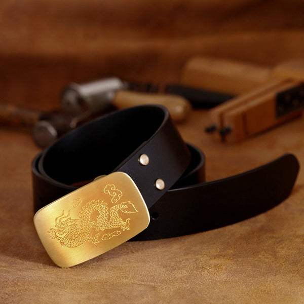 Handmade Leather Belts Minimalist Mens Brass Black Chinese Dragon Leather Belts for Men