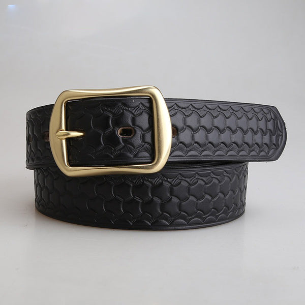 Mens Black Brass Leather Belts Armor Pattern Handmade Leather Belt for Men