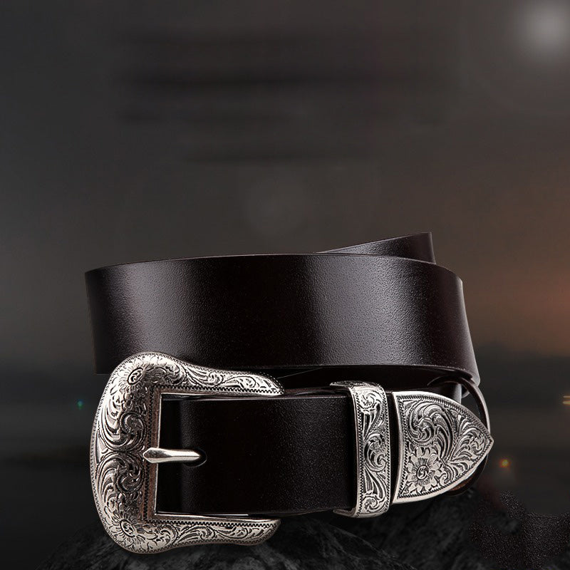 Handmade Coffee Leather Belt Floral-Embossed Western Mens Silver Leather Belt for Men