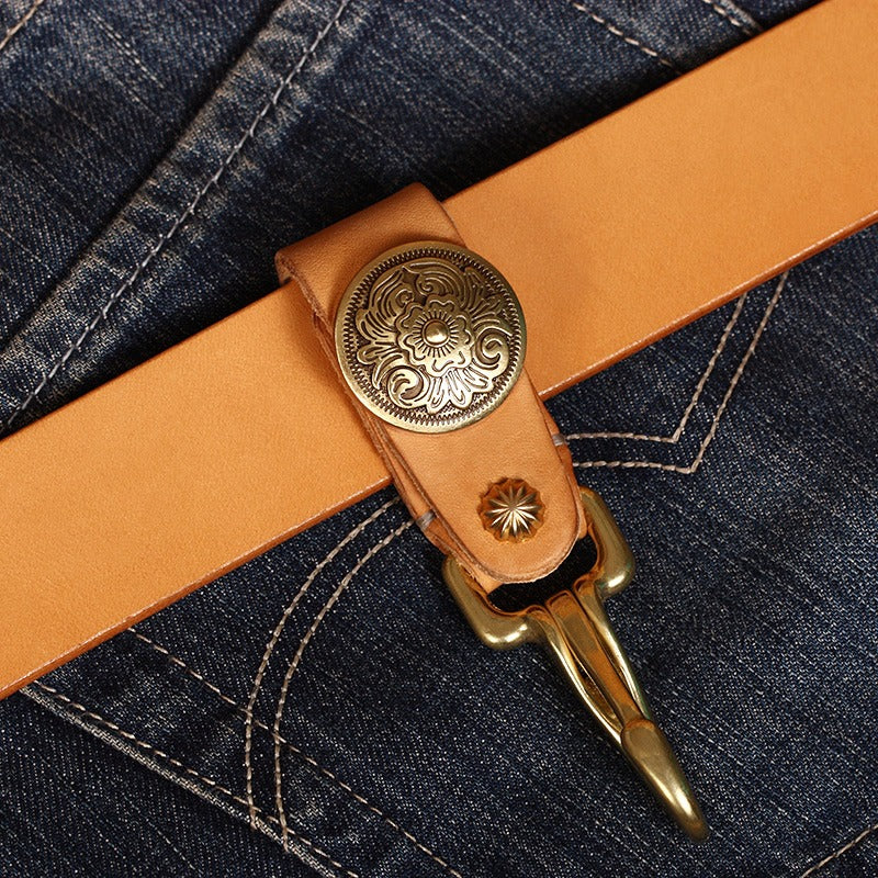 Handmade Leather Brass Keyrings With Belt Loop Floral Leather Keyring Car KeyChain for Men