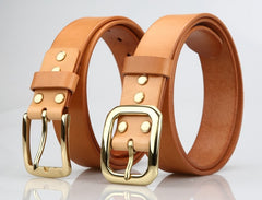 Handmade Leather Belt Minimalist Mens Brass Beige Leather Belts for Men