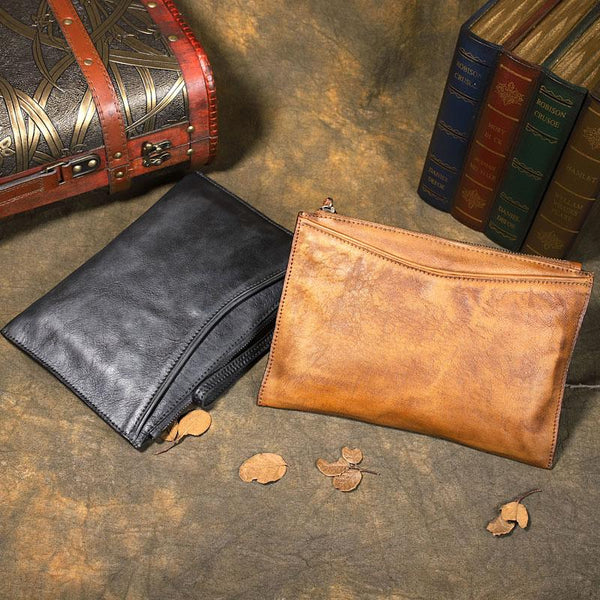 Handmade Leather Mens Brown Long Leather Wallet Wristlet Bag Envelope Bag Clutch Wallet for Men