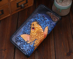 Handmade Leather Mens Clutch Wallet Tooled Cool Carp Wallet Long Zipper Wallets for Men