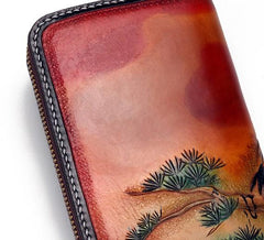 Handmade Leather Mens Clutch Wallet Cool Red-Crowned Crane Tooled Wallet Long Zipper Wallets for Men