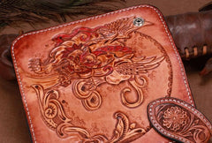 Handmade Leather Kylin Mens Tooled Long Biker Wallet Cool Leather Wallet With Chain Wallets for Men