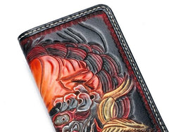 Handmade Leather Chinese Lion Mens Tooled Long Chain Biker Wallet Cool Leather Wallet With Chain Wallets for Men