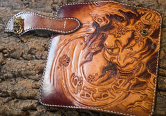 Handmade Leather Mens Cool Tooled Long Prajna Chain Wallet Biker Trucker Wallet with Chain