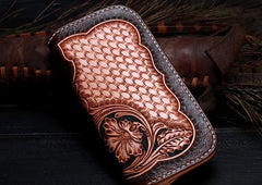 Handmade Leather Mens Tooled Floral Clutch Wallet Cool Wallet Long Wallets for Men Women