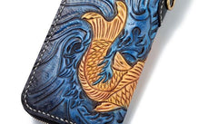 Handmade Leather Carp Mens Tooled Long Chain Biker Wallet Cool Leather Wallet Long Phone Wallets for Men