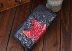 Handmade Leather Mens Clutch Wallet Tooled Cool Carp Wallet Long Zipper Wallets for Men