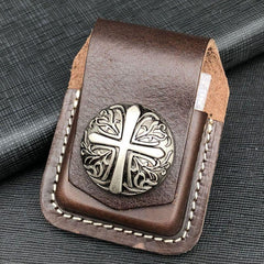 Brown Handmade Leather Mens Texas Star Zippo Lighter Holders Lighter Case For Men