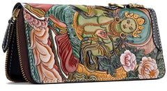 Handmade Leather Green Tara Buddhism Mens Tooled Long Biker Wallet Cool Leather Wallet With Chain Wallets for Men