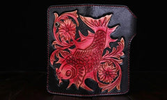 Handmade Mens Cool Tooled Long Carp Leather Chain Wallet Biker Trucker Wallet with Chain