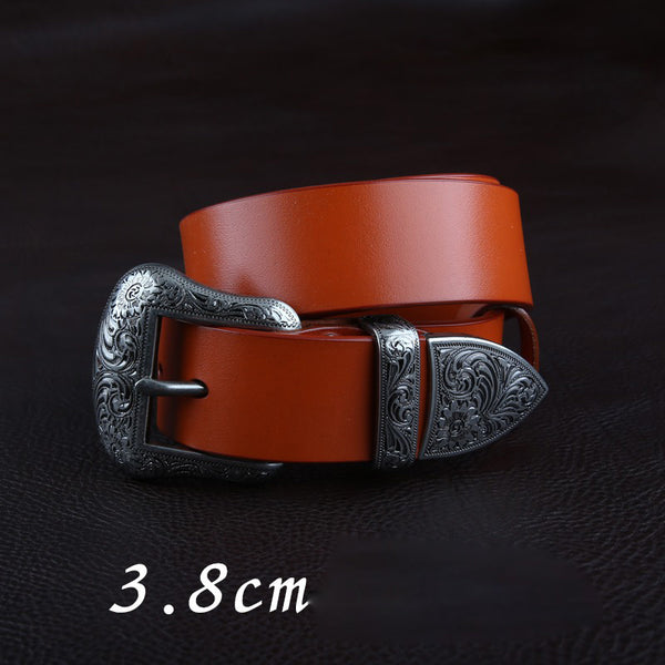 Handmade Brown Leather Belt Floral-Embossed Western Mens Silver Leather Belt for Men