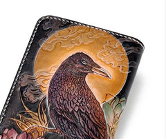 Handmade Leather Mens Clutch Wallet Cool Gold Toad Triped Crow Tooled Wallet Long Zipper Wallets for Men