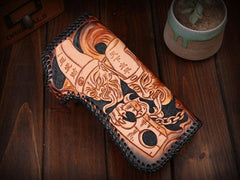 Handmade Mens Cool Tooled Long Zhong Kui demon Leather Chain Wallet Biker Trucker Wallet with Chain