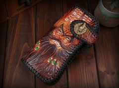 Handmade Mens Cool Tooled Long Zhong Kui demon Leather Chain Wallet Biker Trucker Wallet with Chain