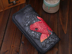 Handmade Leather Mens Clutch Wallet Tooled Cool Carp Wallet Long Zipper Wallets for Men