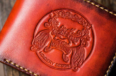 Handmade Leather Chinese Lion Tooled Mens billfold Wallets Cool Leather Wallet Small Wallet for Men