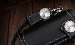 Handmade Mens Cool Black Leather Long Chain Wallet Biker Trucker Wallet with Chain