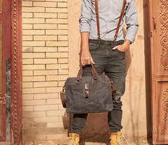 Mens Gray Canvas Briefcase Handbag Work Bag Business Bag for Men