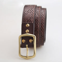 Mens Brown Brass Leather Belts Stamped Handmade Leather Belt for Men
