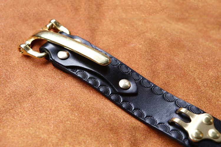 Black Stamped Leather Mens Belts Colonel Littleton Brass Handmade Leather Belts for Men