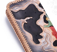 Handmade Leather Mens Clutch Wallet Cool Carp Tooled Wallet Long Zipper Wallets for Men