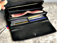 Handmade Genuine Leather Mens Clutch Cool Slim Wallet Zipper Clutch Wristlet Wallet for Men