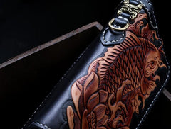 Handmade Leather Tooled Carp Mens Tooled Chain Biker Wallet Cool Leather Wallet Zipper Long Phone Wallets for Men