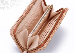 Handmade Leather Mens Clutch Wallet Cool Carp Tooled Wallet Long Zipper Wallets for Men