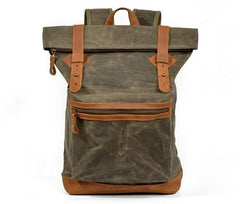 Green Waxed Canvas Leather Mens Cool Backpack Canvas Travel Backpack Canvas School Backpack for Men