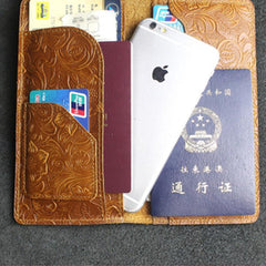 Handmade Leather Floral Mens Cool Travel Long Wallet Passport Card Holder Card Slim Wallets for Men