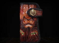 Handmade Mens Cool Tooled Long Zhong Kui demon Leather Chain Wallet Biker Trucker Wallet with Chain