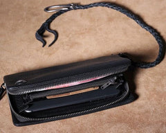 Genuine Leather Mens Cool Biker Chain Wallet Long Leather Wallet Clutch Wristlet Wallet for Men