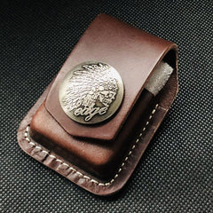 Brown Handmade Leather Mens Chinese Dragon Zippo Lighter Holders Lighter Case For Men