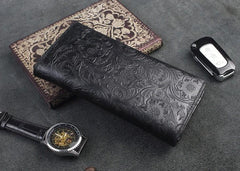 Handmade Leather Floral Mens Cool Travel Long Wallet Card Holder Card Trifold Clutch Wallets for Men