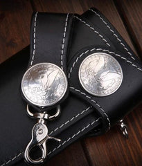 Handmade Mens Cool Black Leather Long Chain Wallet Biker Trucker Wallet with Chain