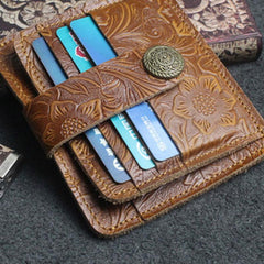 Handmade Leather Floral Mens Cool Front Pocket Wallet Short Wallet Card Holder Small Card Slim Wallets for Men