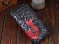 Handmade Leather Mens Clutch Wallet Tooled Cool Carp Wallet Long Zipper Wallets for Men