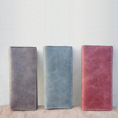 Handmade Slim Checkbook Wallet Leather Mens Bifold Long Wallet Lots Cards Long Wallet for Men