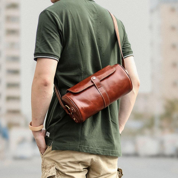 Brown Leather Mens Casual Bucket Shoulder Bag Barrel Messenger Bags Postman Bag For Men