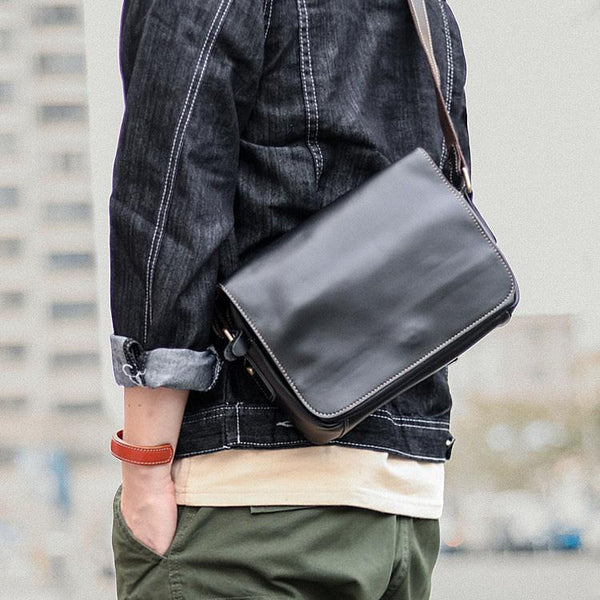 Cool Black Leather Mens Small Courier Bags Black Messenger Bags Brown Postman Bags For Men