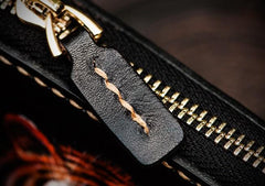 Handmade Leather Tiger Tooled Mens Short Wallet Cool Clutch Wristlet Bag Chain Wallet Biker Wallet for Men
