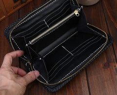 Handmade Leather Mens Clutch Wallet Tooled Cool Carp Wallet Long Zipper Wallets for Men