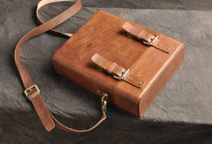 Handmade Vintage Coffee Leather Mens Messenger Bag Box Shoulder Bags for Men