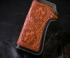 Handmade Mens Cool Tooled Long Boa Skin Floral Leather Chain Wallet Biker Trucker Wallet with Chain